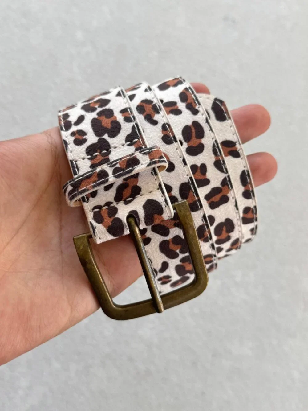 White Cheetah Print Bronze Buckle Unisex Belt